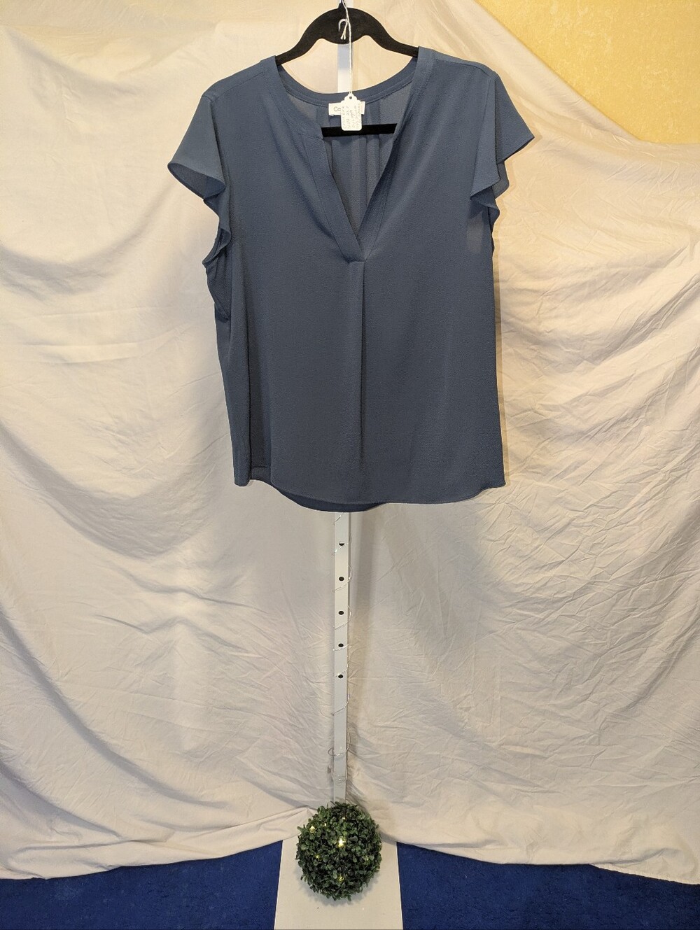 Calvin Klein Blue Flutter Sleeve Split V-Neck Blouse Top Large